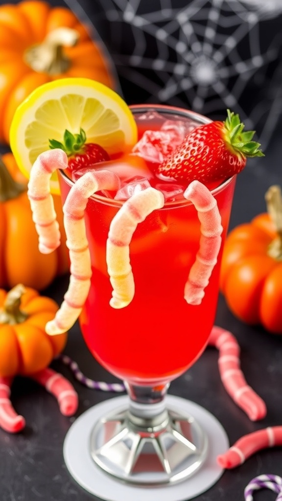 A glass of Spooky Strawberry Lemonade with strawberry and lemon garnishes, decorated with gummy worms, on a Halloween-themed table.